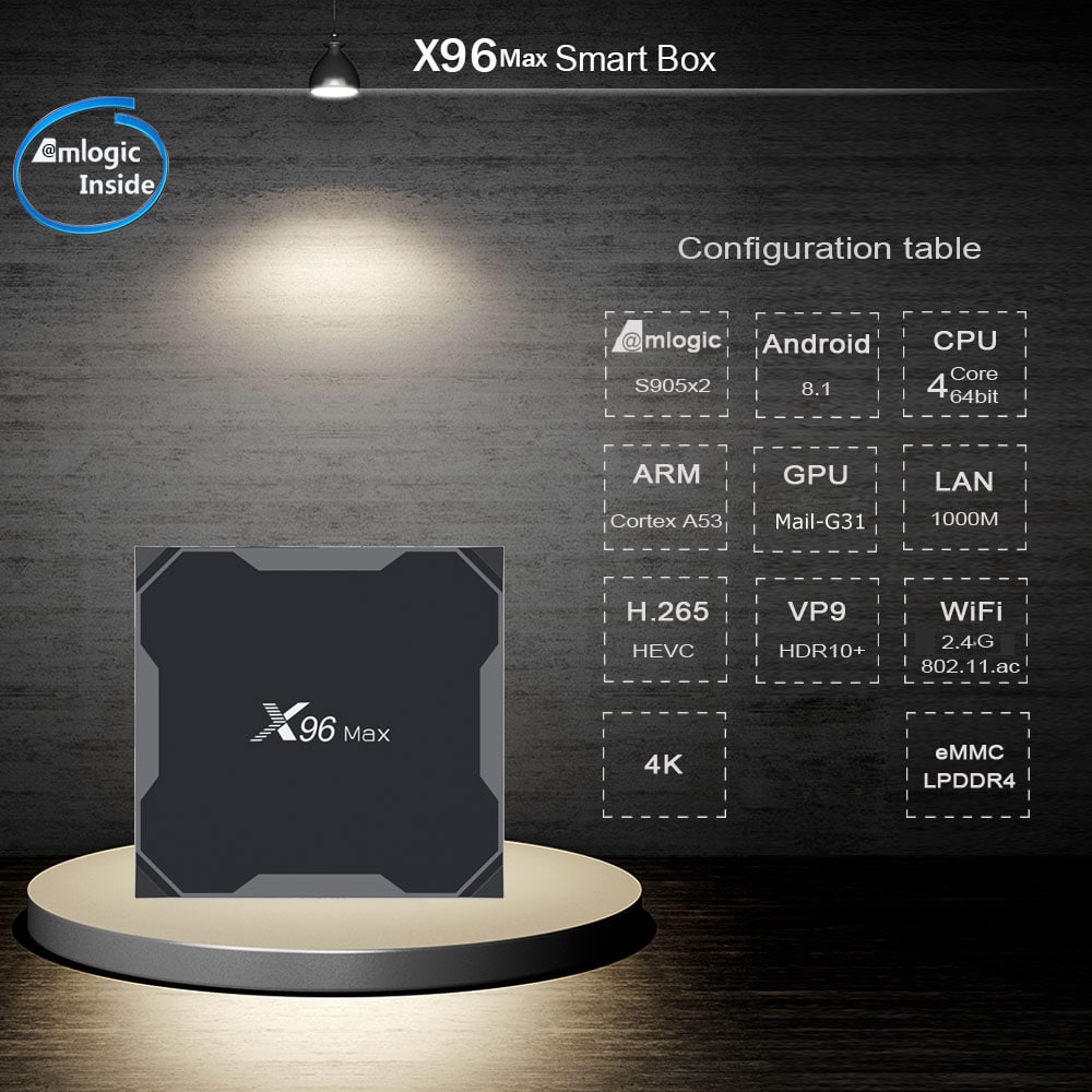 X96 MAX TV Box Amlogic S905X2 / Android 8.1 / USB3.0 / VP9- Black 2GB DDR4+16GB ROM UK PLUG