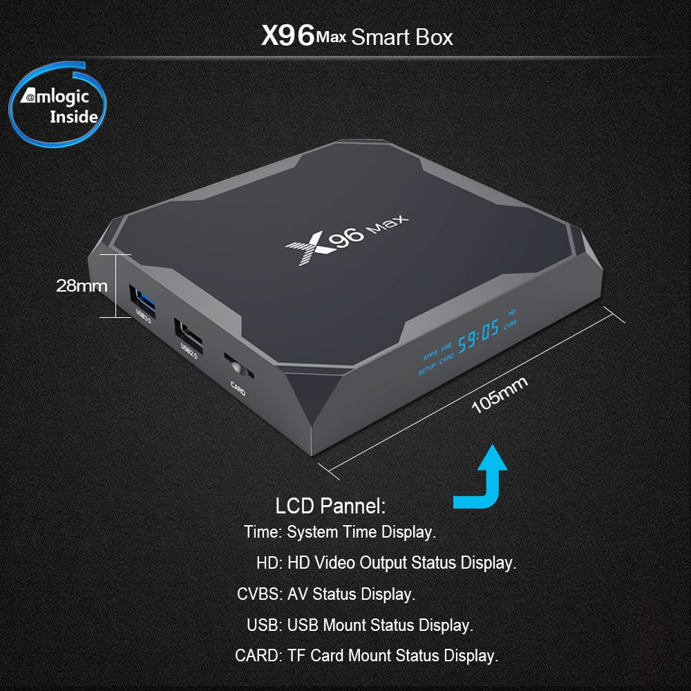 X96 MAX TV Box Amlogic S905X2 / Android 8.1 / USB3.0 / VP9- Black 2GB DDR4+16GB ROM UK PLUG