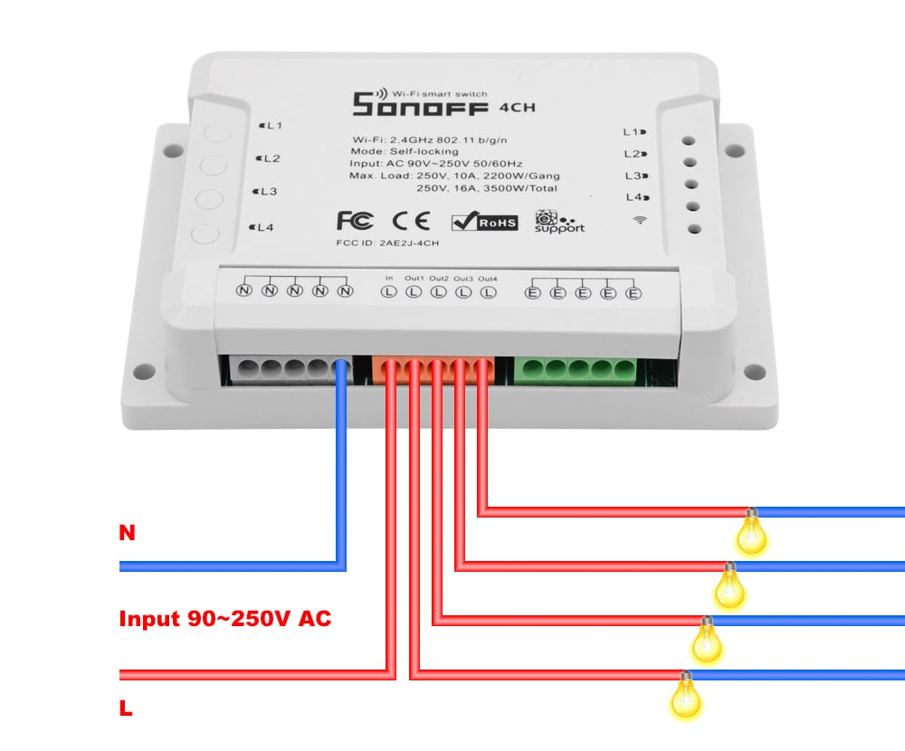 SONOFF 4CH R2 Inching Self-locking Mobile Phone Remote Control Timing Multi-channel Intelligent Switch- White