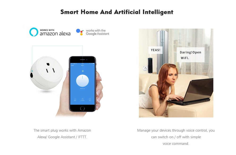 Wi-Fi Intelligent Socket Mini Wireless Remote Control Smart Plug Compatible with Amazon Alexa / Google Home / IFTTT- White