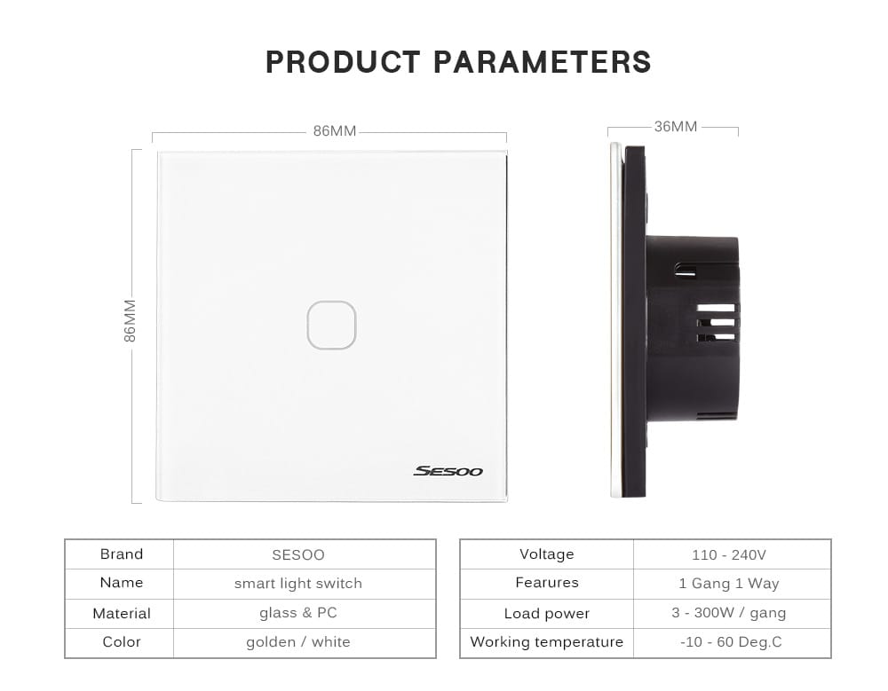 SESOO Smart Touch Screen Light Switch 1 Gang 1 Way  Crystal Glass Panel with Remote Control- White