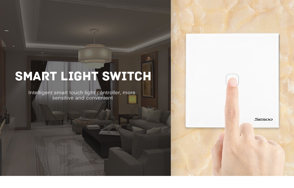 SESOO Smart Touch Screen Light Switch 1 Gang 1 Way  Crystal Glass Panel with Remote Control- White