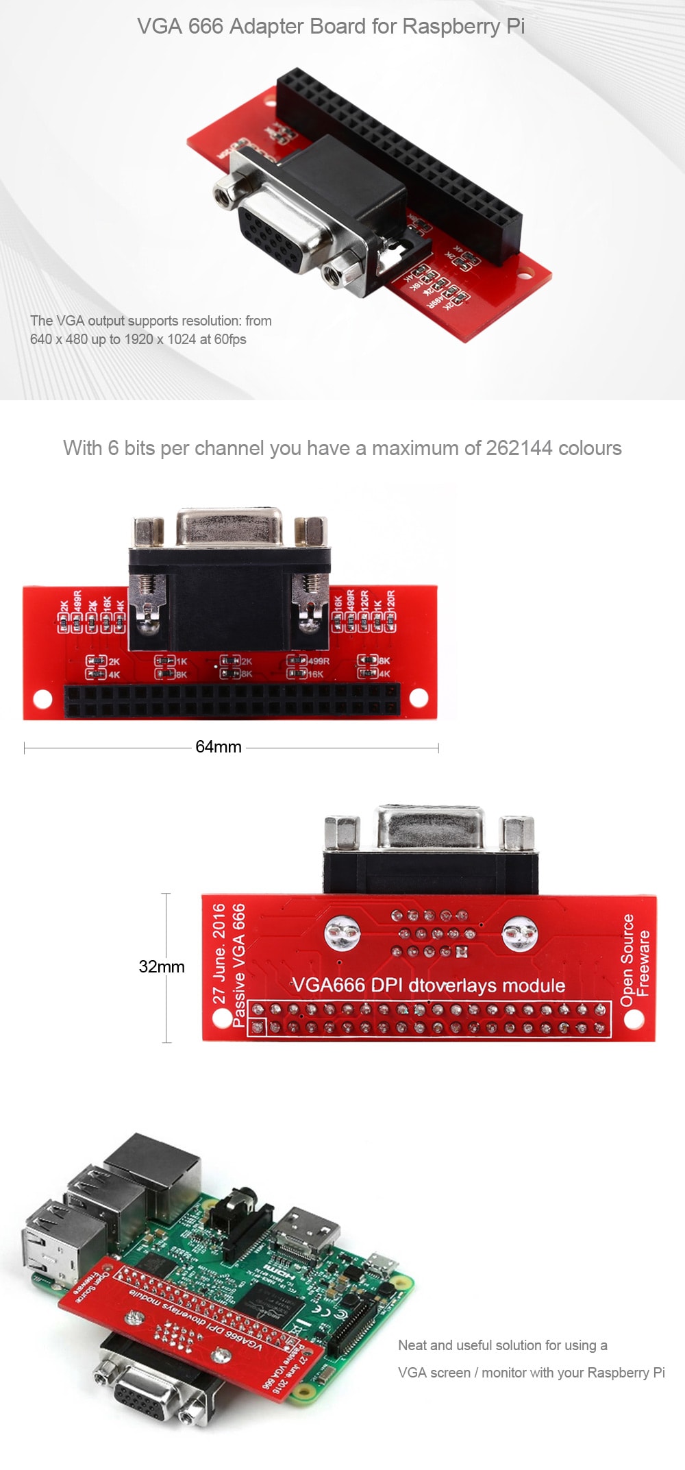 VGA 666 Adapter Board for Raspberry Pi A+ / B+ / 2B / 3B / Zero- Red with Black