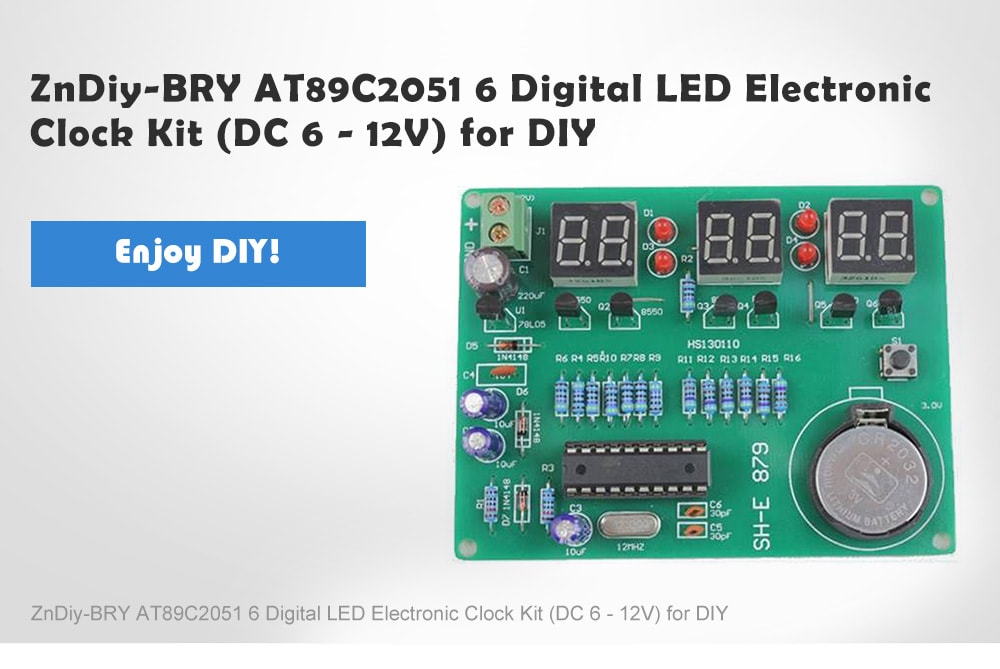 ZnDiy - BRY AT89C2051 DIY 6 Digital LED Electronic Clock Kit ( DC 6 - 12V )- Clover Green