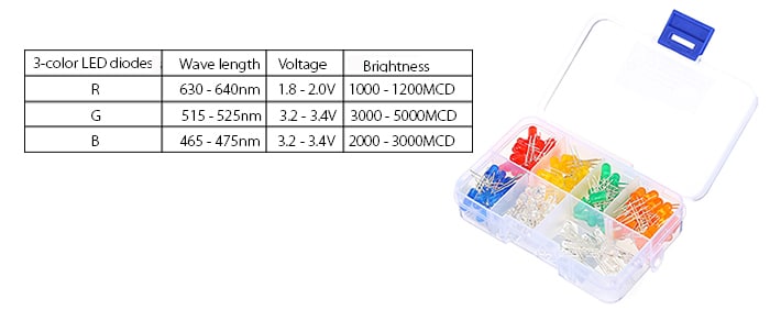 TB - 0007 5mm Red / Yellow / Orange / Blue / Purple / Green / RGB 3-color LED Diode Kit for Arduino- Colormix