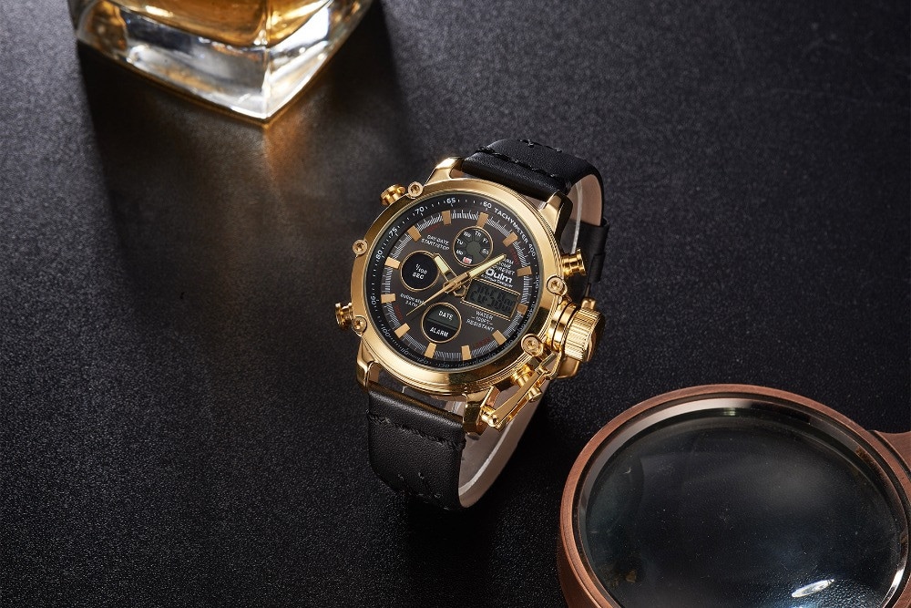 Oulm Dual Display Analog Digital Quartz Men Top Brand Luxury Gold Sports Watches- Multi-F