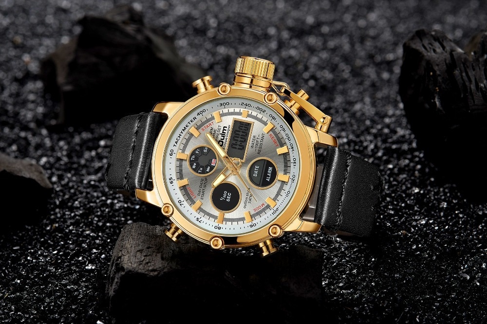 Oulm Dual Display Analog Digital Quartz Men Top Brand Luxury Gold Sports Watches- Multi-F