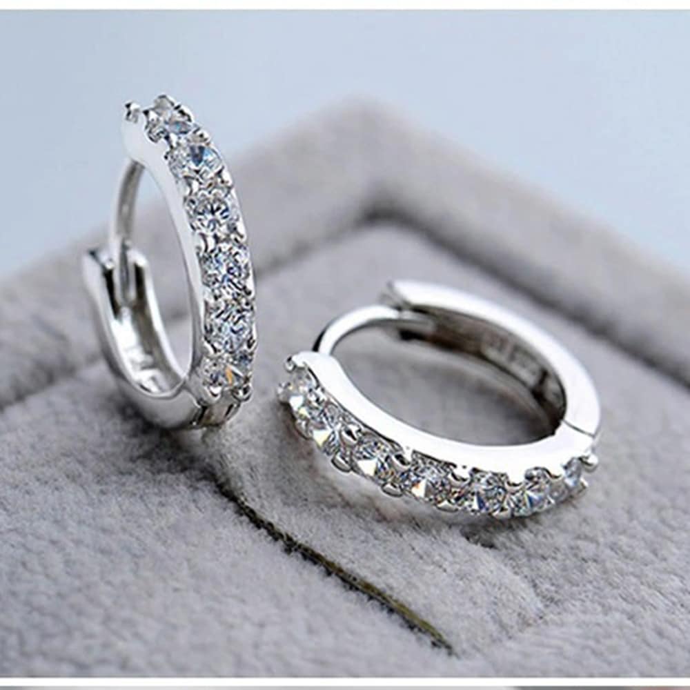 Sterling Silver White Paved Crystal Hoop Earrings- Silver