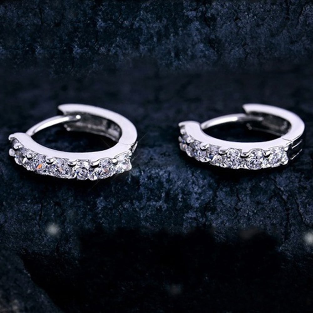 Sterling Silver White Paved Crystal Hoop Earrings- Silver