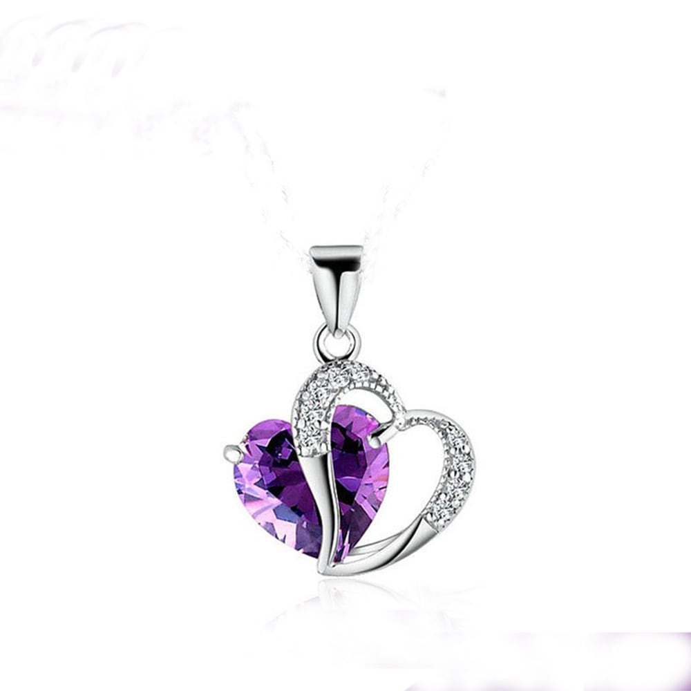 Sterling Silver Faux Crystal Gemstone Amethyst Heart Pendant Necklace - Purple