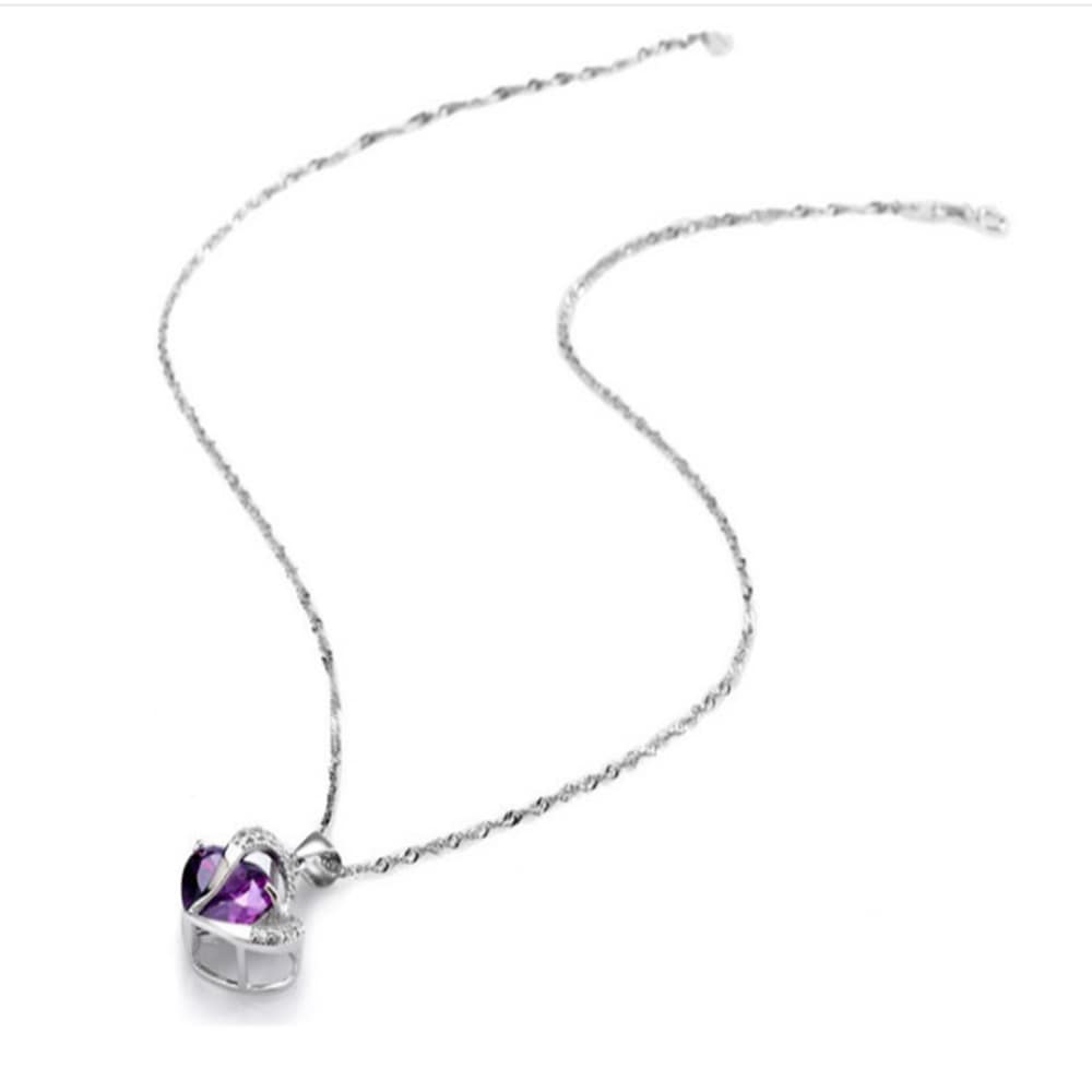 Sterling Silver Faux Crystal Gemstone Amethyst Heart Pendant Necklace - Purple