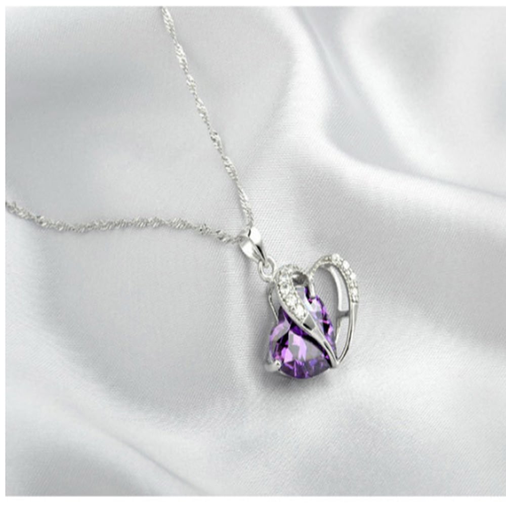 Sterling Silver Faux Crystal Gemstone Amethyst Heart Pendant Necklace - Purple