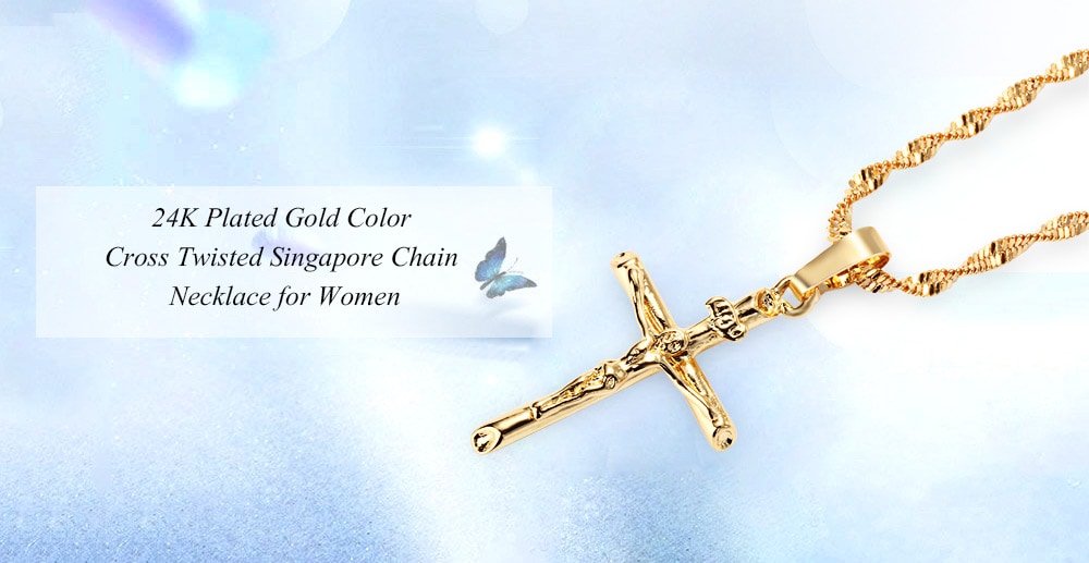 Stylish 24K Plated Gold Color Christian Cross Twisted Singapore Chain Necklace for Men- Golden