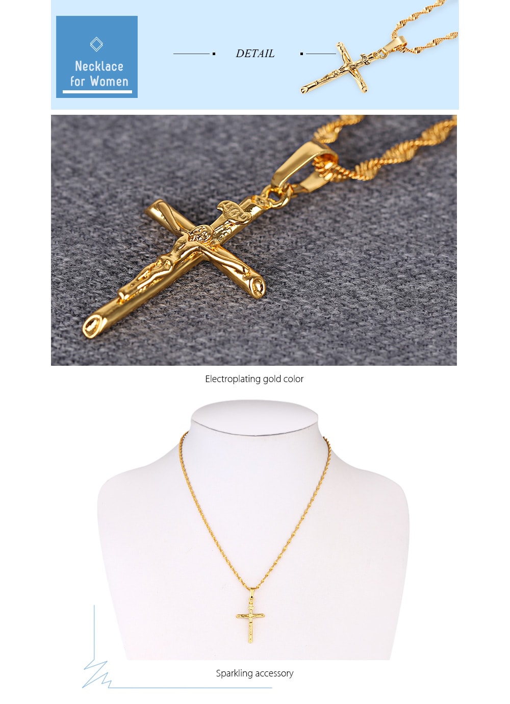 Stylish 24K Plated Gold Color Christian Cross Twisted Singapore Chain Necklace for Men- Golden