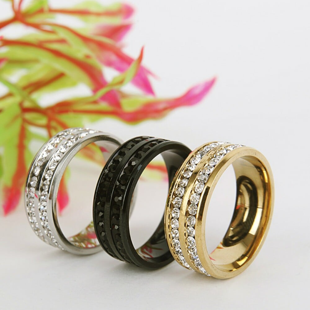 Womens Mens Fashion Double Rows Rhinestones Titanium Steel Wedding Jewelry Ring- Gunmetal US 13