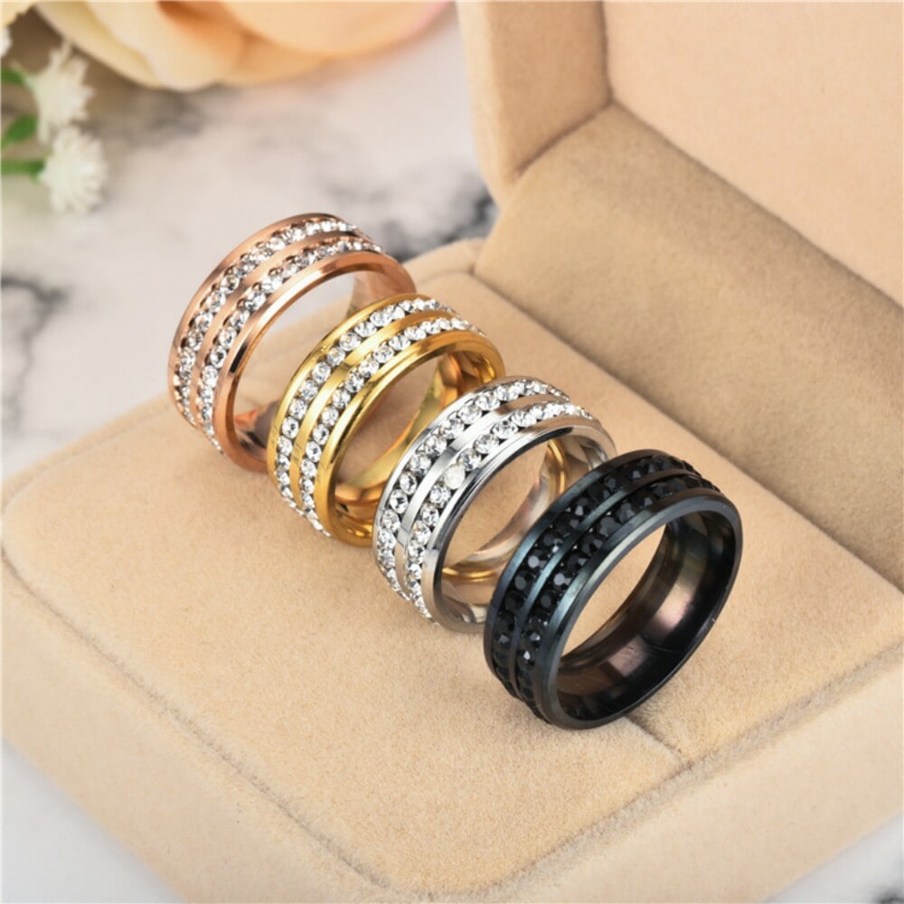 Womens Mens Fashion Double Rows Rhinestones Titanium Steel Wedding Jewelry Ring- Gunmetal US 13