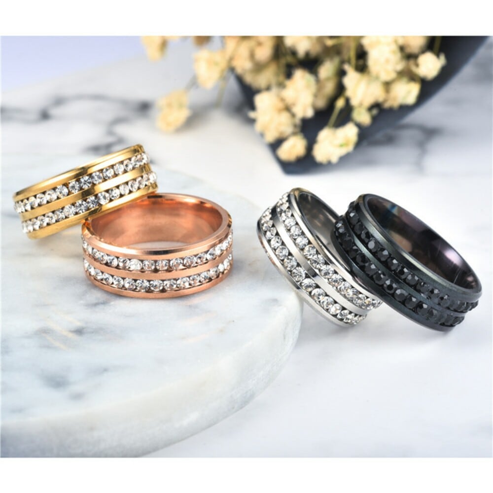 Womens Mens Fashion Double Rows Rhinestones Titanium Steel Wedding Jewelry Ring- Gunmetal US 13