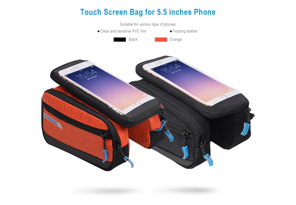 ROSWHEEL 121273 1L Bike Cycling Touch Screen Bag Front Tube Pannier Double Pouch for 5.5 inch Cellphone- Orange