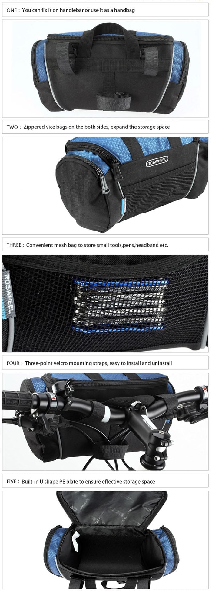 Roswheel 5L Bike Handlebar Bag Bicycle Front Tube Pocket Shoulder Pack Riding Cycling Supplies- Blue