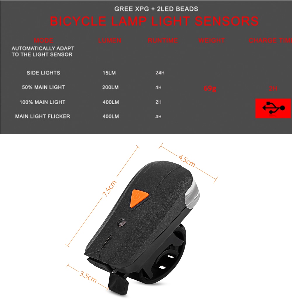 USB Rechargeable Bike Light Set Water Resistance Splash-proof Ultra Bright 400 Lumens Sensor Bicycle Lamp - Black