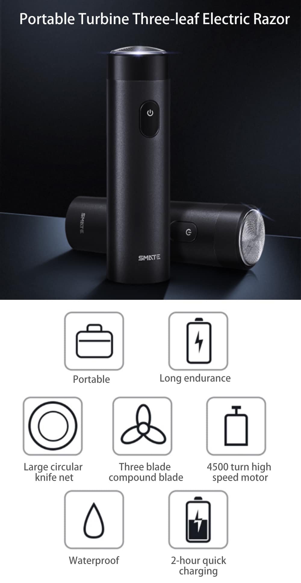 SMATE Portable Turbine Three-leaf Electric Razor from Xiaomi youpin- Black