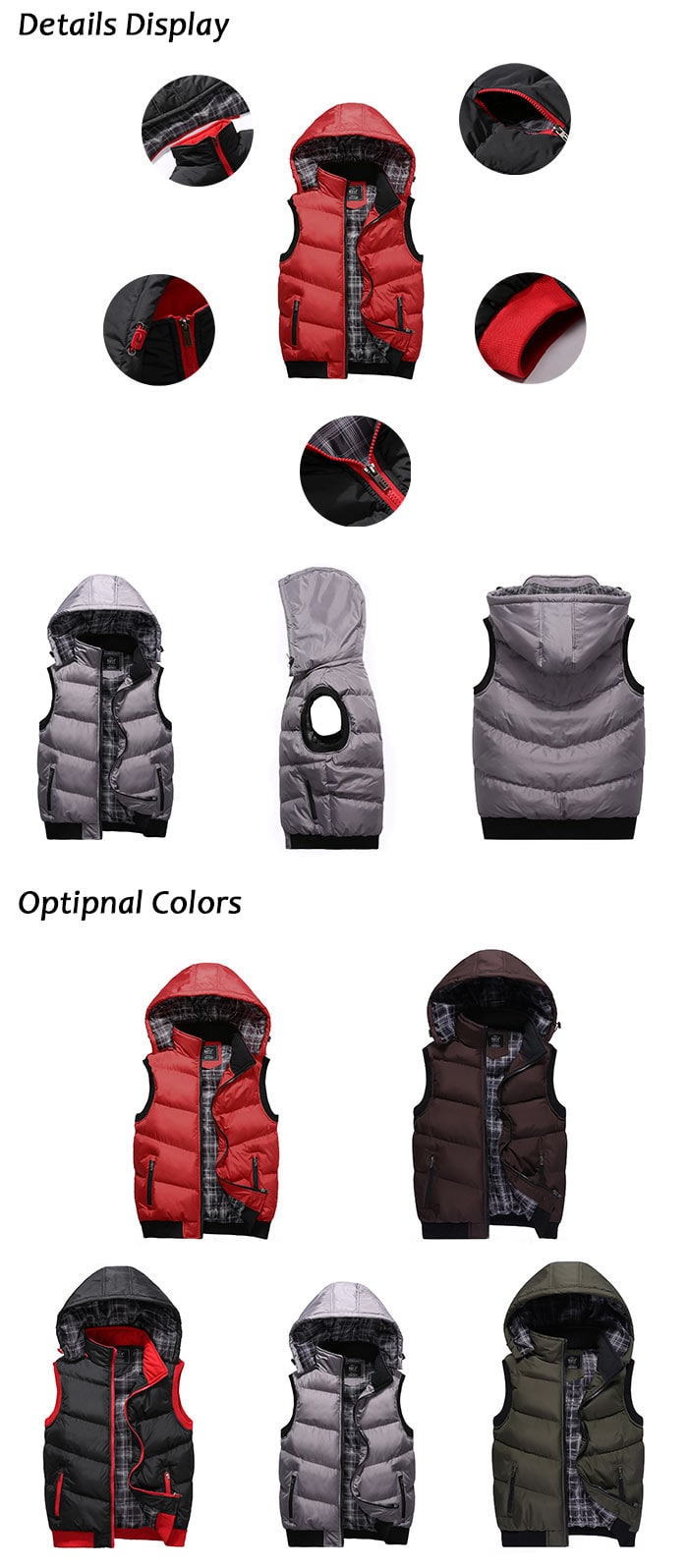 Zip Up Detachable Hood Padded Vest- Gray 5XL