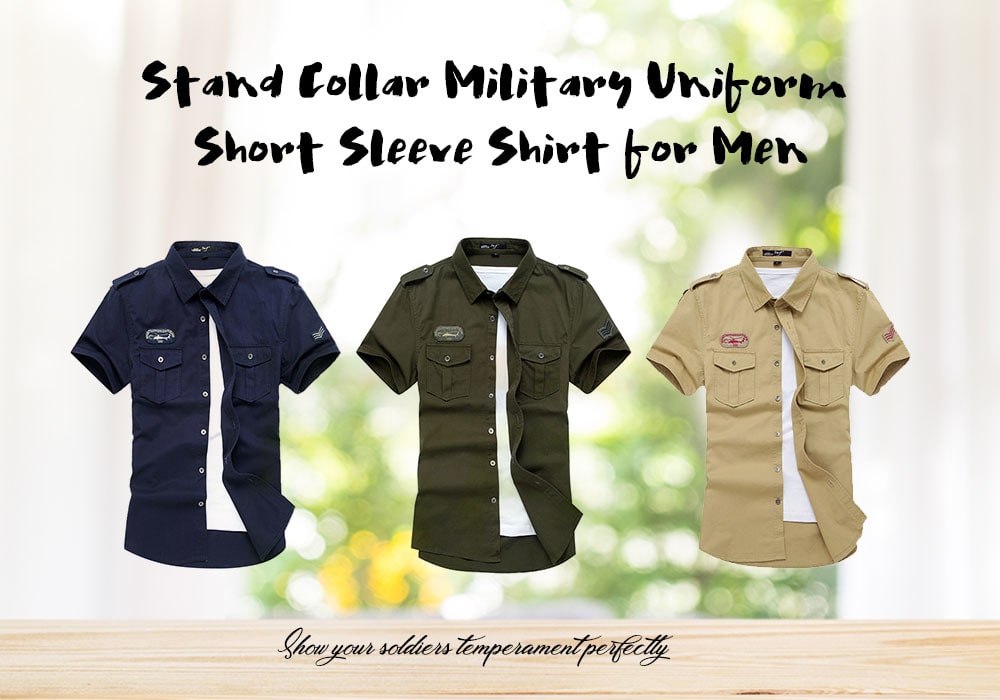 Breathable Stand Collar Military Uniform Short Sleeve Shirt for Men- Light Khaki M