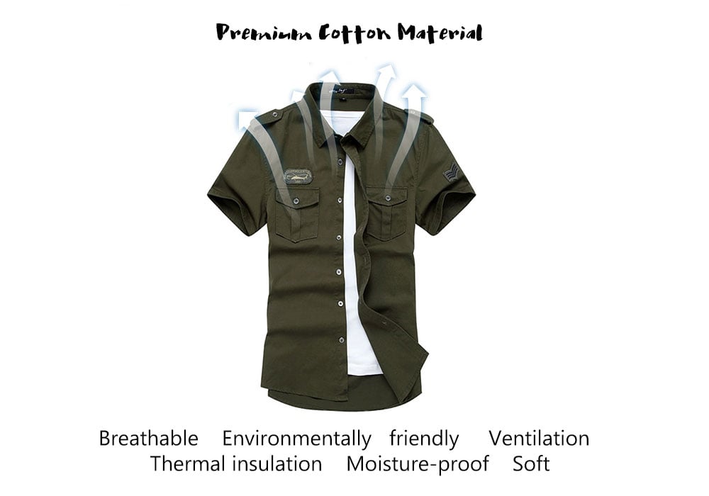 Breathable Stand Collar Military Uniform Short Sleeve Shirt for Men- Light Khaki M