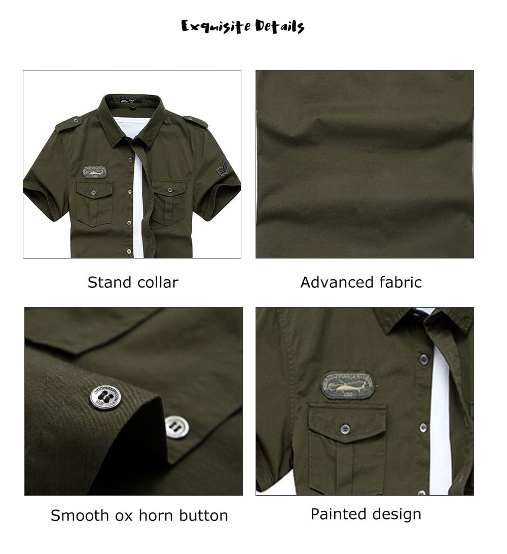 Breathable Stand Collar Military Uniform Short Sleeve Shirt for Men- Light Khaki M