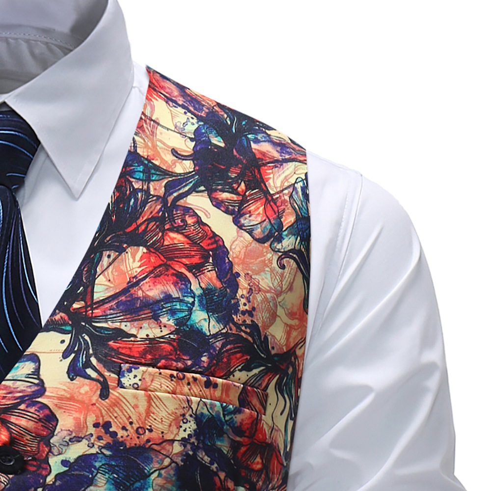 Plus Size Mens Casual Printed Waistcoat Suit Vest- Multi XL