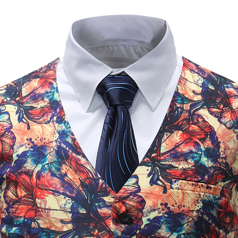 Plus Size Mens Casual Printed Waistcoat Suit Vest- Multi XL