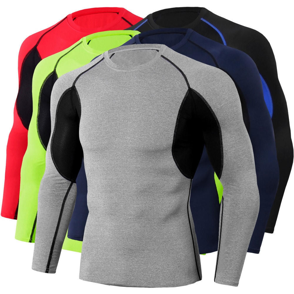 Tight Stretch Sports Fitness Training Round Neck Long Sleeve Men'S T - Shirt- Multi-B L