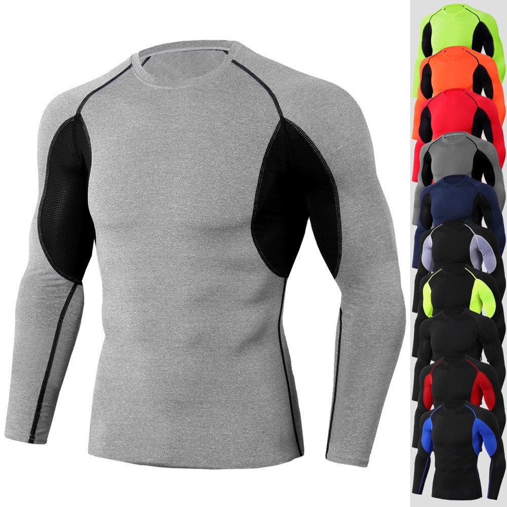 Tight Stretch Sports Fitness Training Round Neck Long Sleeve Men'S T - Shirt- Multi-B L