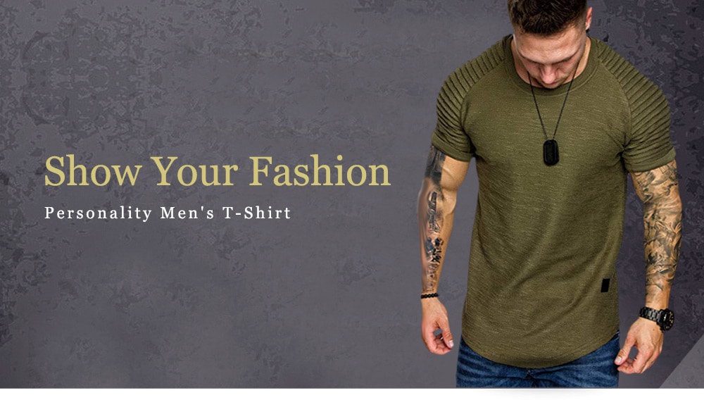 Shoulder Pleated Design Round Neck Short Sleeve T-shirt- Army Green M