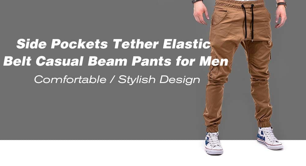 Fashion Solid Color Side Pockets Tether Elastic Belt Casual Beam Pants for Men- Caramel XL