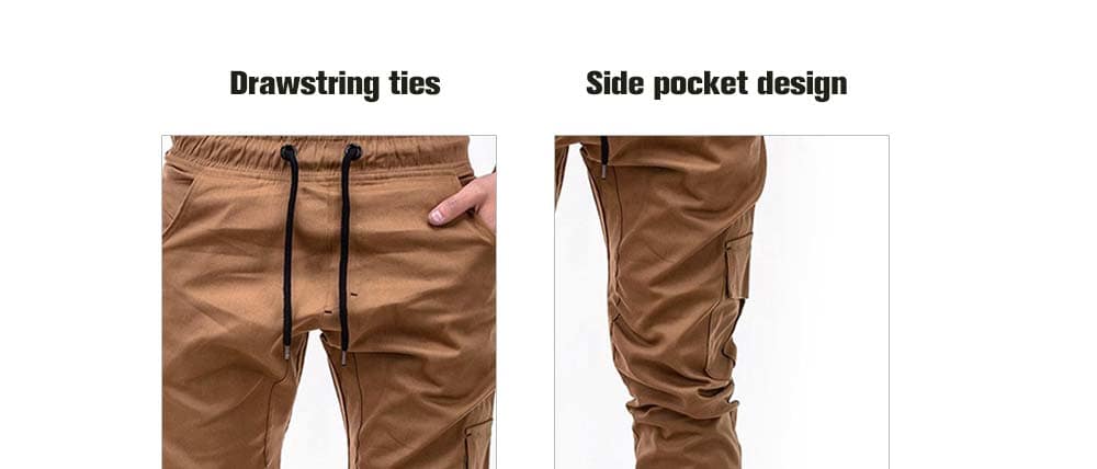 Fashion Solid Color Side Pockets Tether Elastic Belt Casual Beam Pants for Men- Caramel XL