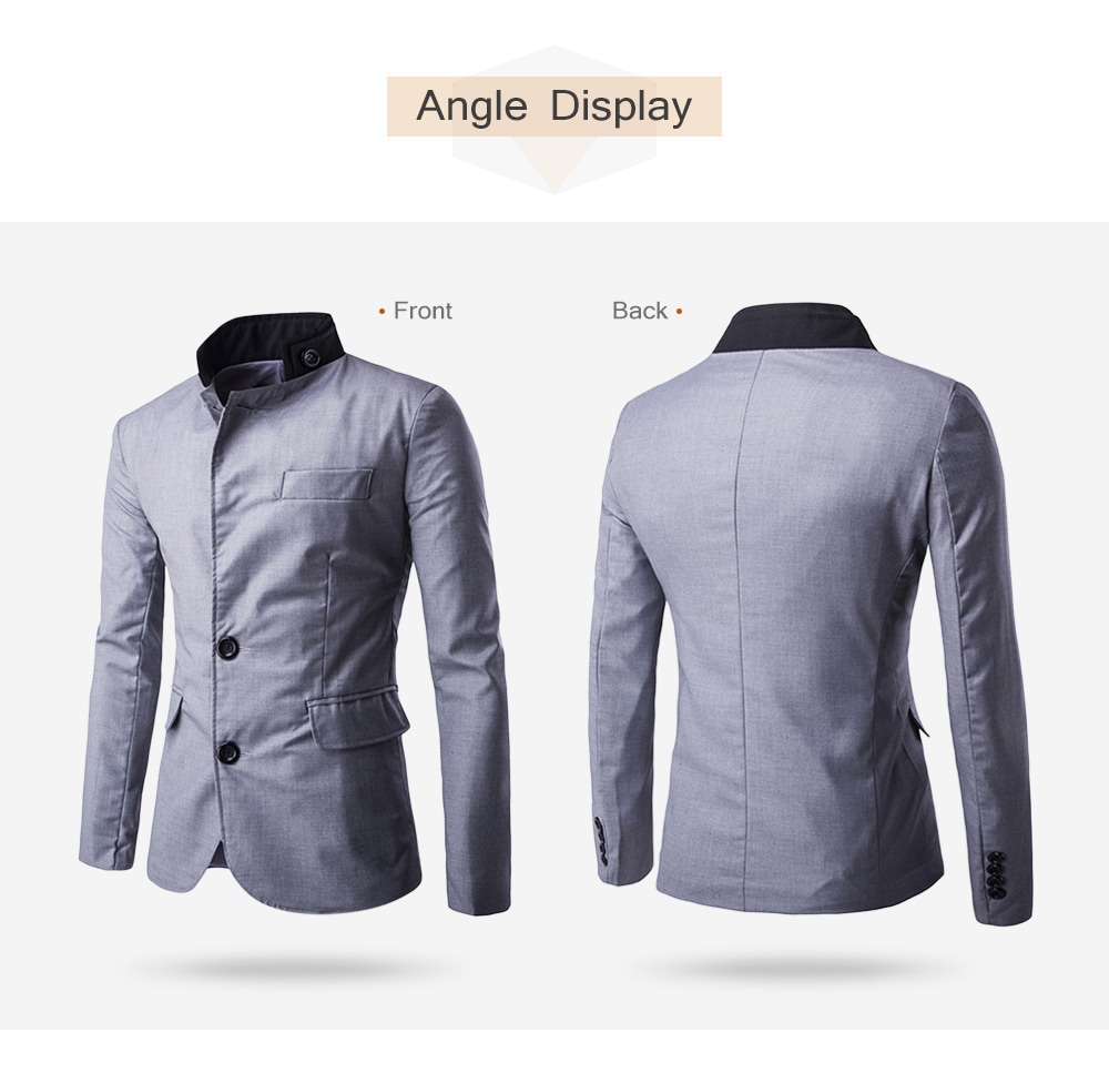 Casual Stand Collar Long Sleeve Button Pocket Men Suit- Black L