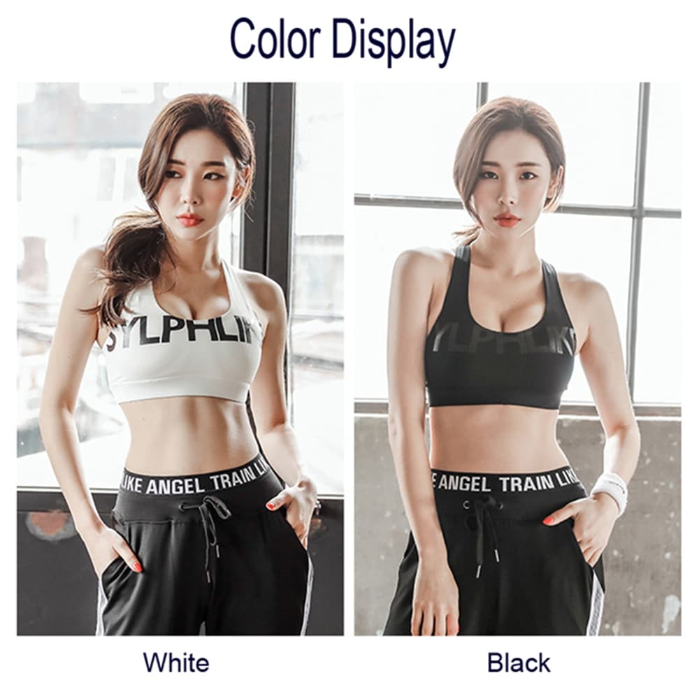 Shockproof Yoga Bra U Shape Neckline Letters Print Cross Straps Back Sports Bra- White S