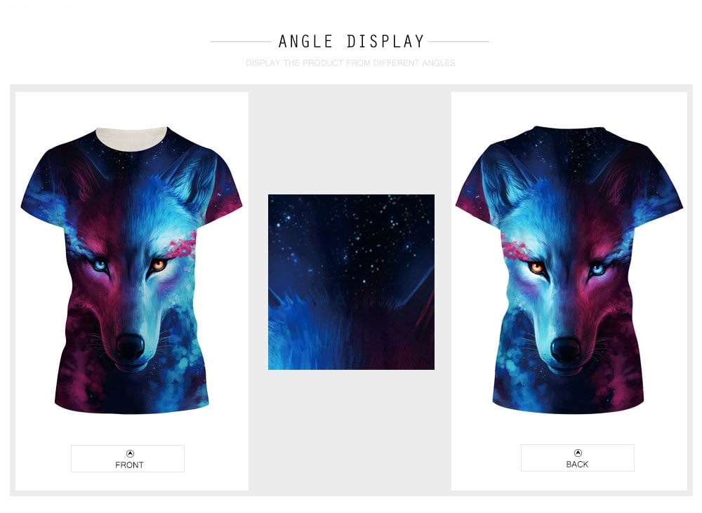 Trendy Round Collar Short Sleeve Wolf Print Women T-shirt- Lake Blue XL