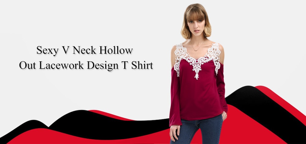 Sexy V-Neck Flare Sleeve Cut Out Lacework Deisgn Spliced Women T-Shirt- Red 2XL