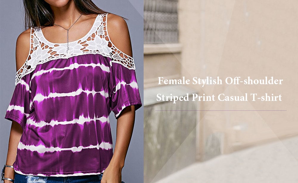 Women's T-shirt Casual Off-shoulder Striped Print Lace Stitching - Purple S