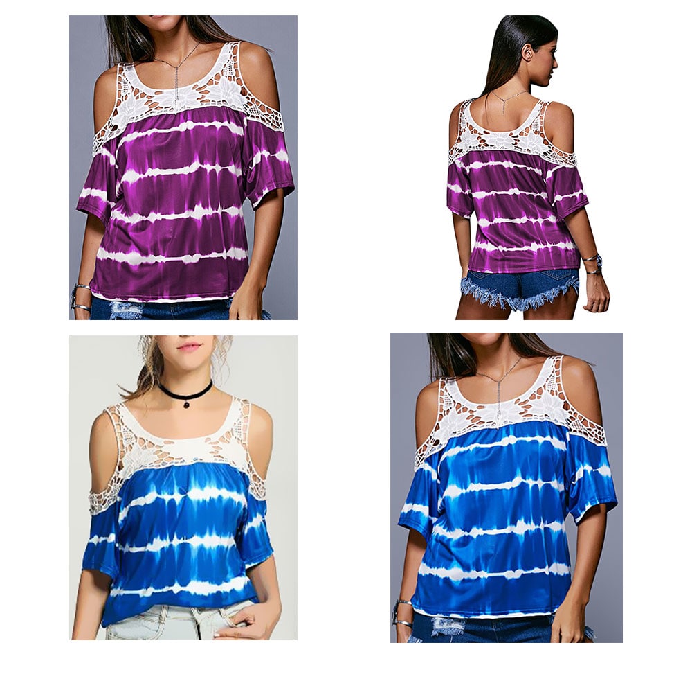 Women's T-shirt Casual Off-shoulder Striped Print Lace Stitching - Purple S