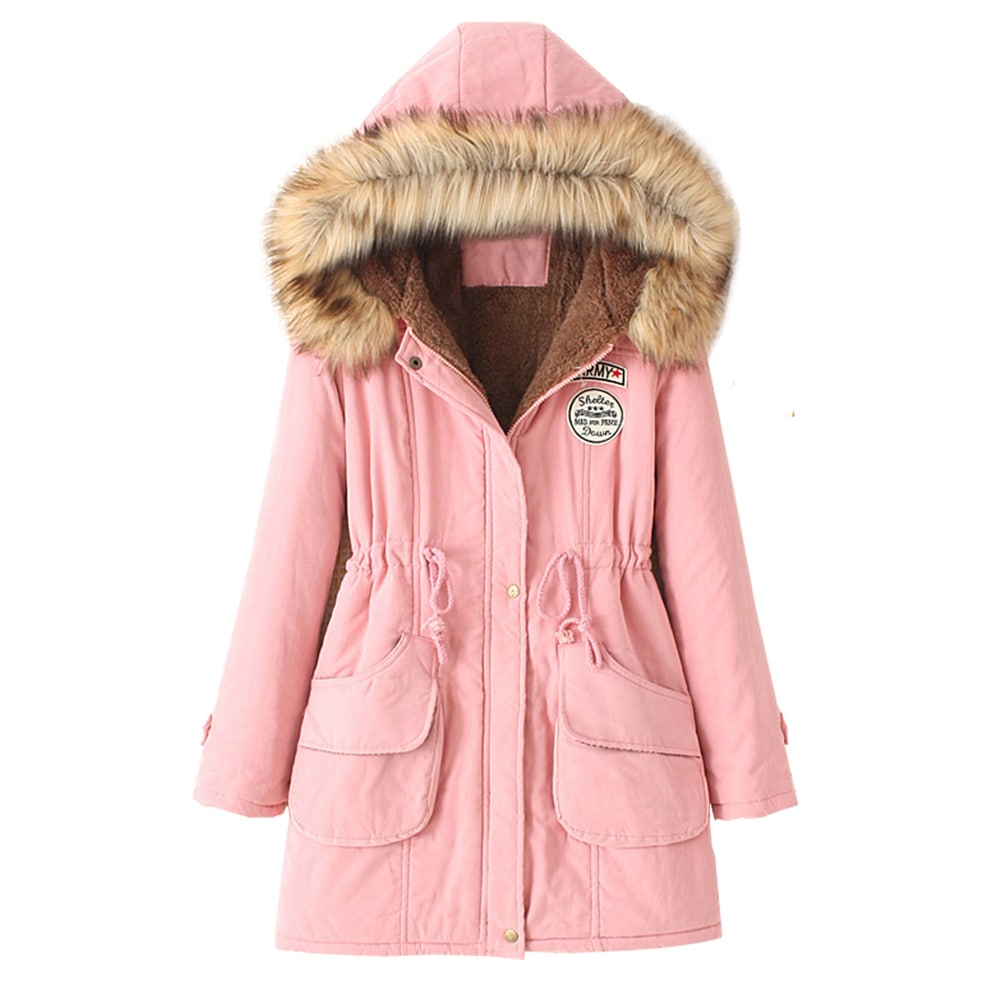 Women's Hooded Drawstring Elastic Waist Front Pokets Thicken Coat- Pink 2XL