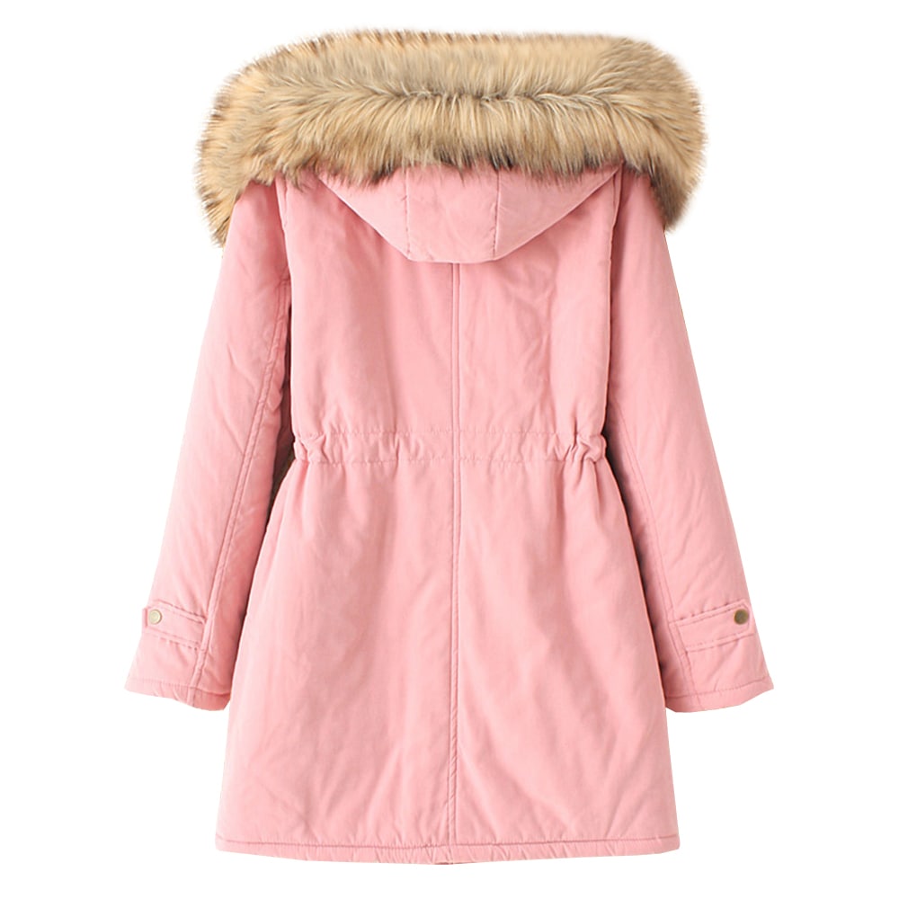 Women's Hooded Drawstring Elastic Waist Front Pokets Thicken Coat- Pink 2XL