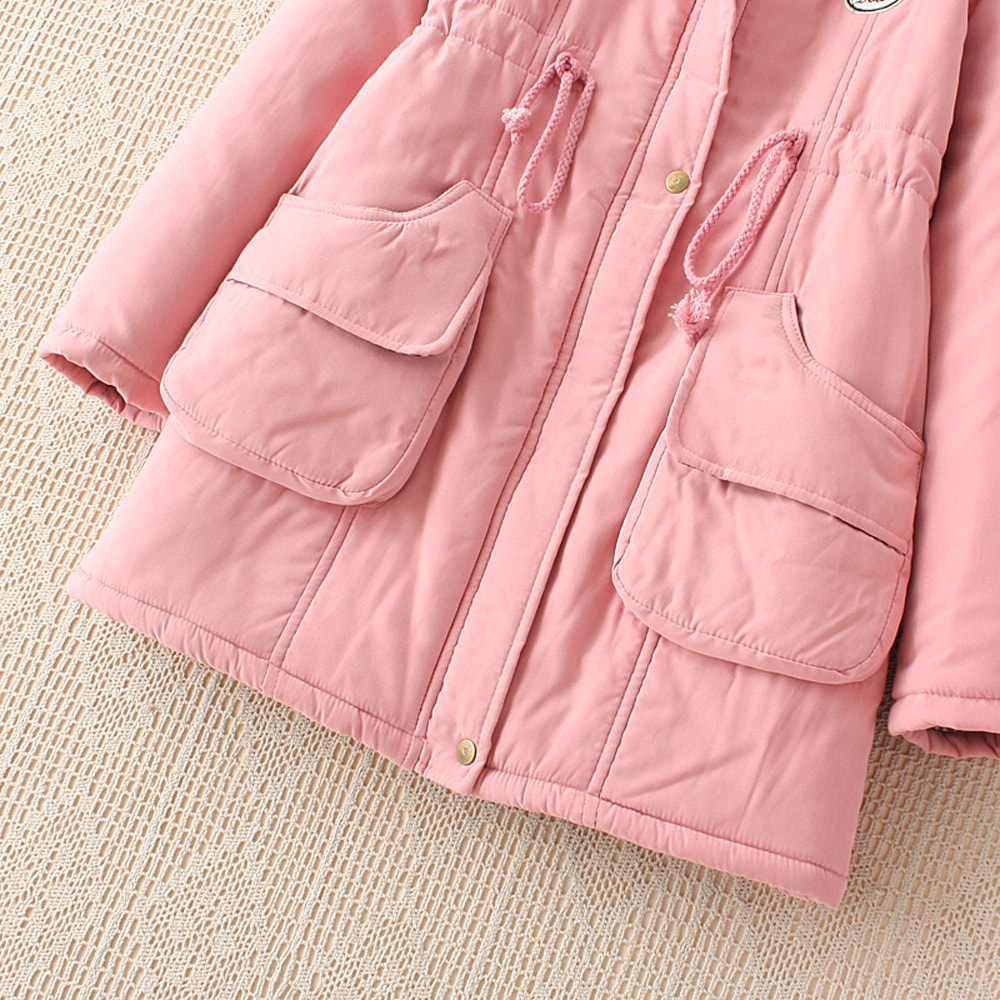 Women's Hooded Drawstring Elastic Waist Front Pokets Thicken Coat- Pink 2XL