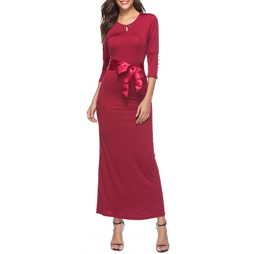 Spring and Autumn Solid Color Lace Slim Dress Temperament Dress Maxi Dress- Red Wine M