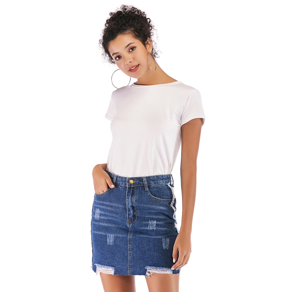 Women'S Skirt Frayed Hem Casual Slim Skirt- Deep Blue M