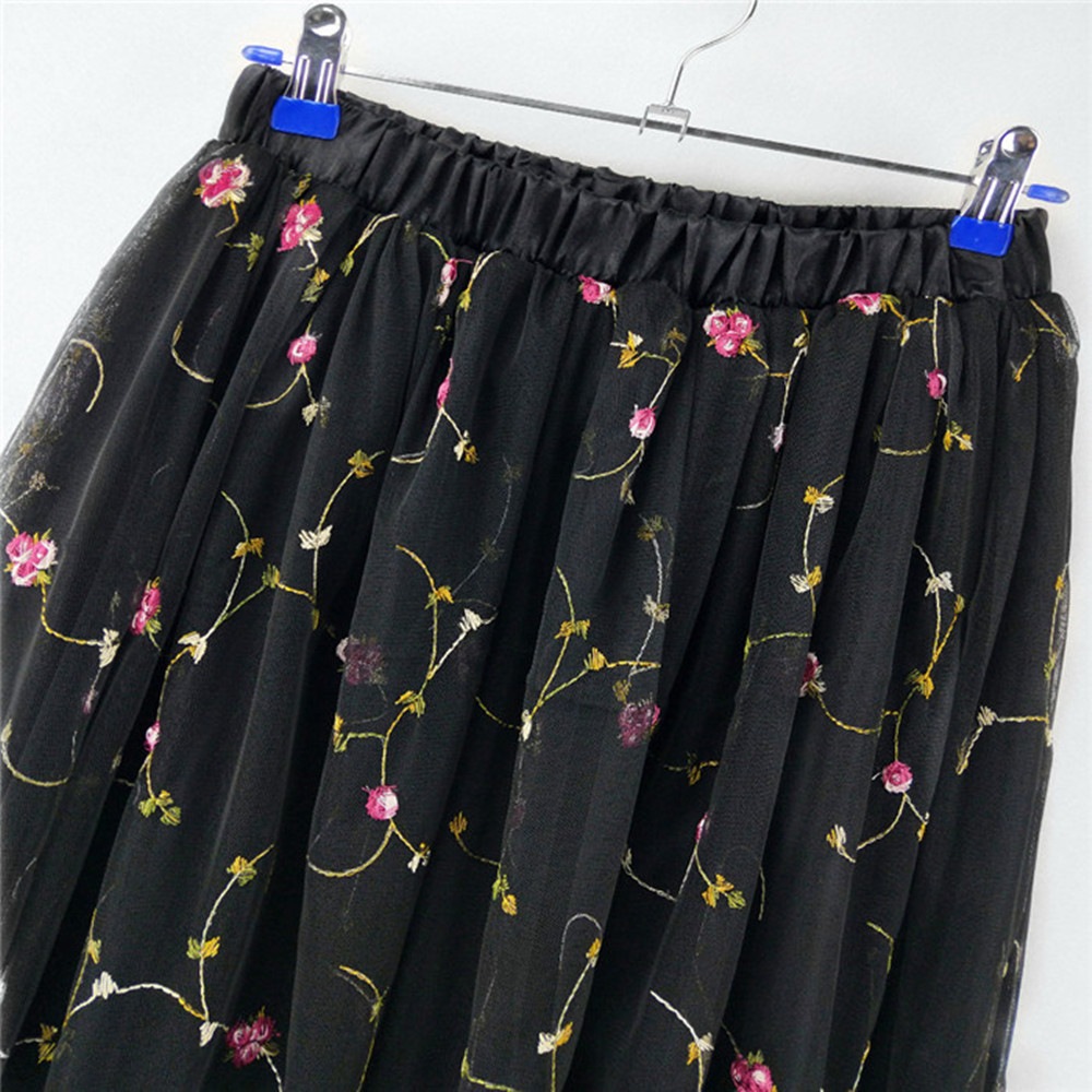 Women Elegant Elastic High Waist Embroidered Tulle Pleated Long skirt- Jet Black One Size