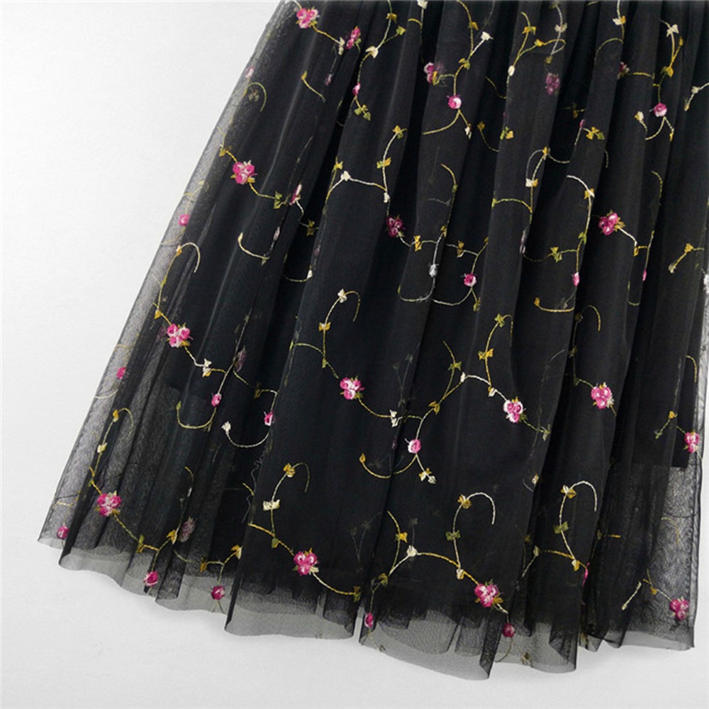 Women Elegant Elastic High Waist Embroidered Tulle Pleated Long skirt- Jet Black One Size