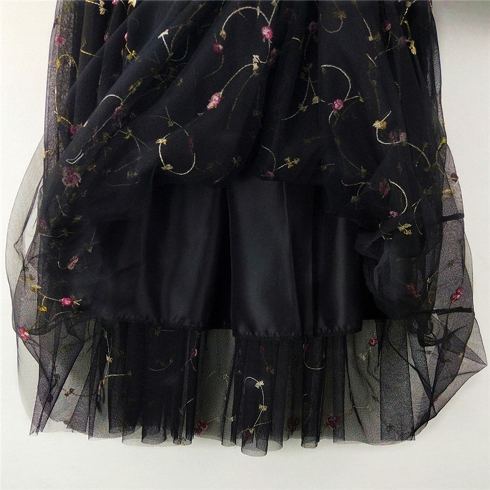 Women Elegant Elastic High Waist Embroidered Tulle Pleated Long skirt- Jet Black One Size